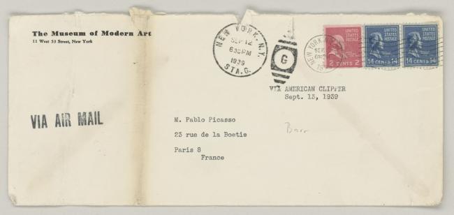 Carta de Alfred H. Barr Jr. a Pablo Picasso del 12 de septiembre de 1939