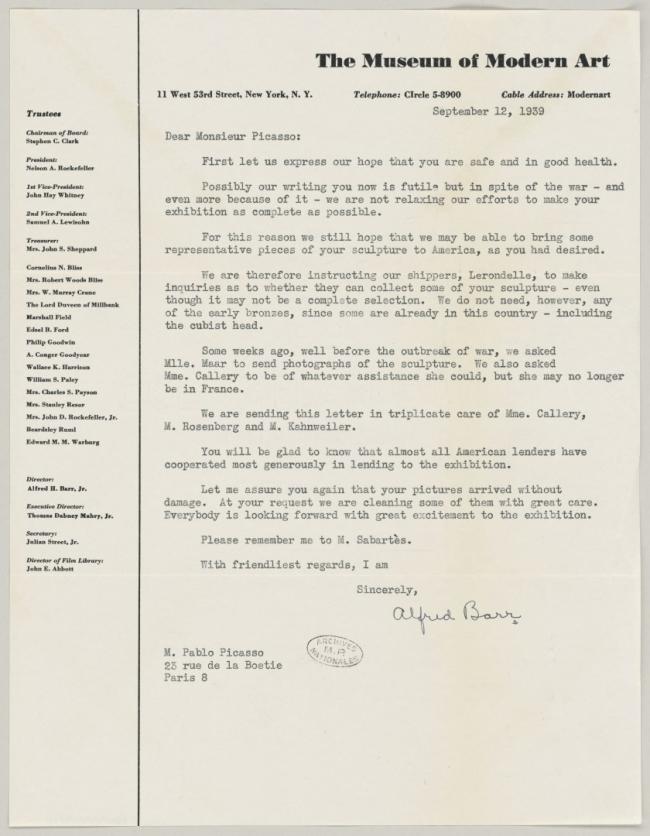 Carta de Alfred H. Barr Jr. a Pablo Picasso del 12 de septiembre de 1939