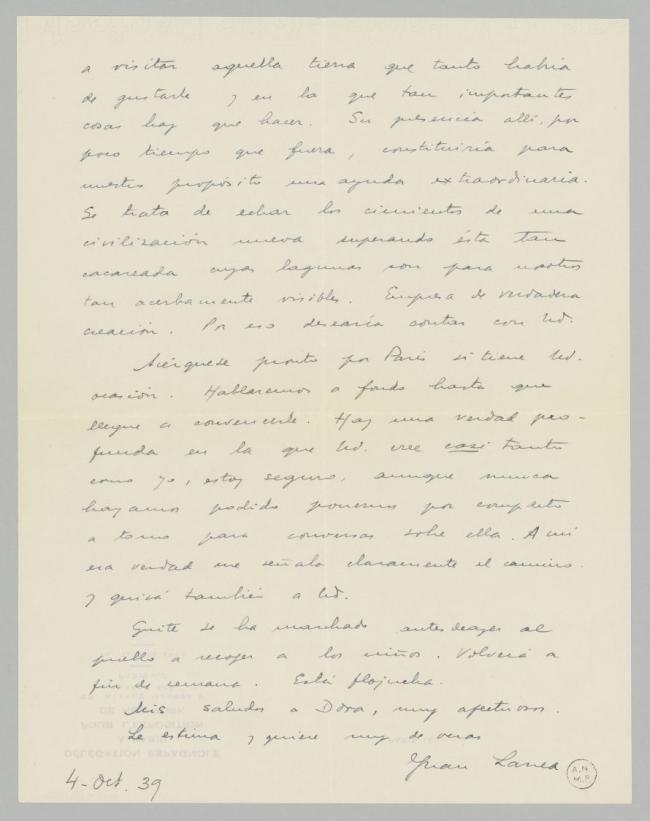 Carta de Juan Larrea a Pablo Picasso del 4 de octubre de 1939