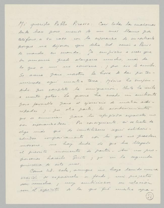 Carta de Juan Larrea a Pablo Picasso del 4 de octubre de 1939