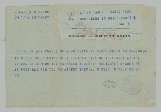 Telegrama de Nelson Rockefeller a Pablo Picasso