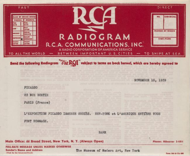 Telegrama de Alfred H. Barr Jr. a Pablo Picasso del 15 de noviembre de 1939
