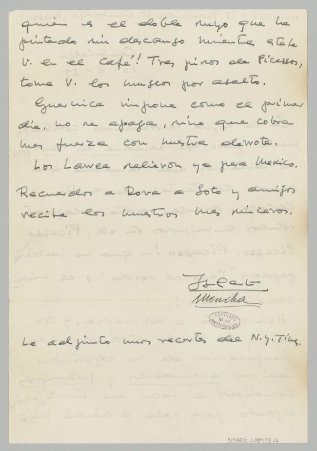Carta de Josep Lluís Sert a Pablo Picasso del 20 de noviembre de 1939