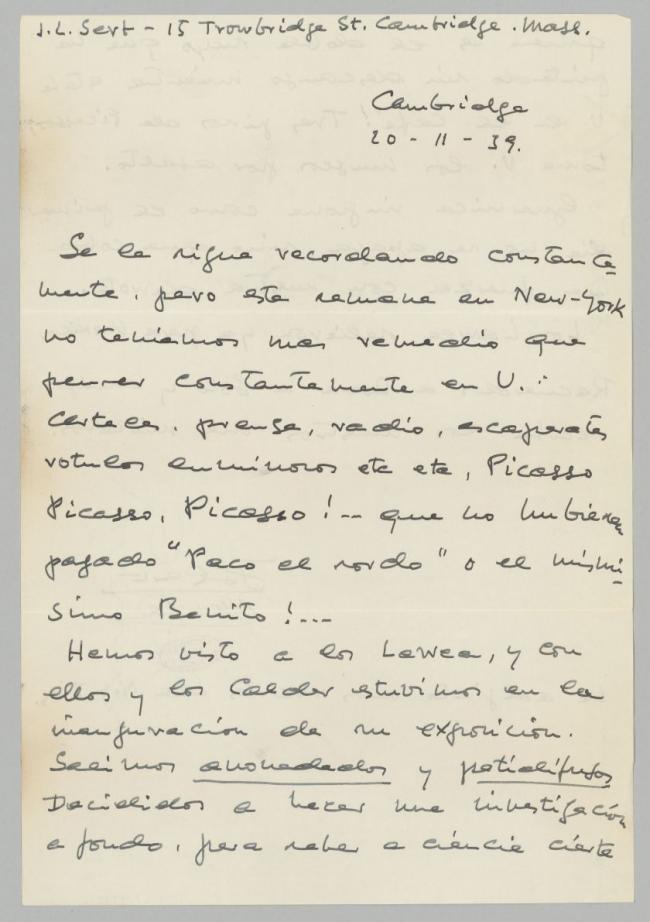 Carta de Josep Lluís Sert a Pablo Picasso del 20 de noviembre de 1939