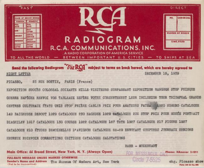 Telegrama de Alfred H. Barr Jr. a Pablo Picasso del 15 de diciembre de 1939