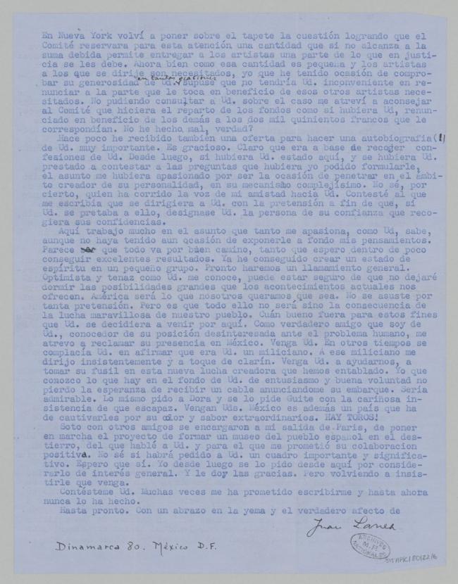 Carta de Juan Larrea a Pablo Picasso del 21 de diciembre de 1939