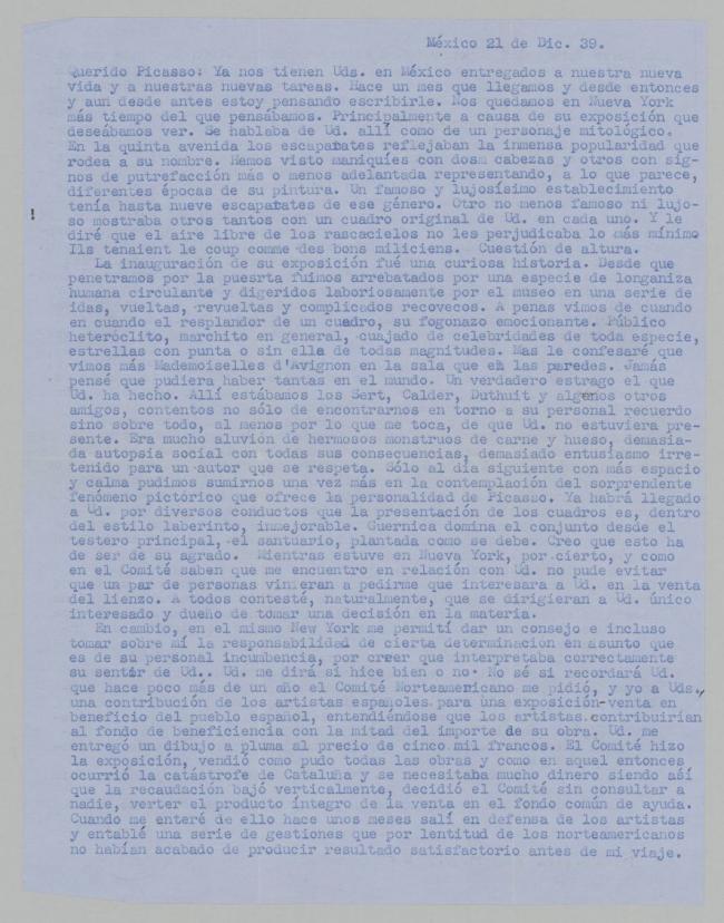 Carta de Juan Larrea a Pablo Picasso del 21 de diciembre de 1939