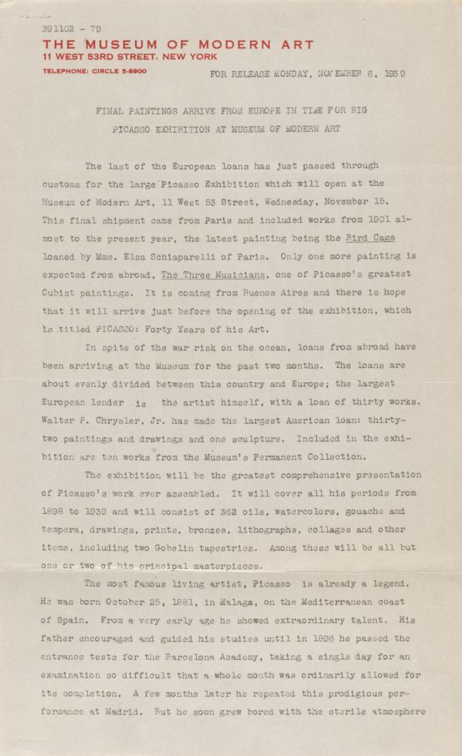 Las últimas obras de Picasso llegan de Europa a tiempo para la gran exposición del Museum of Modern Art