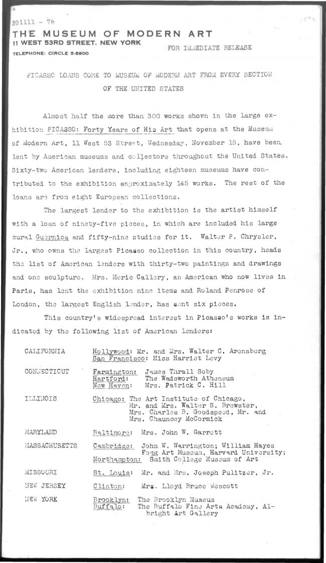 Picasso loans come to the Museum of Modern Art from every section of the United States