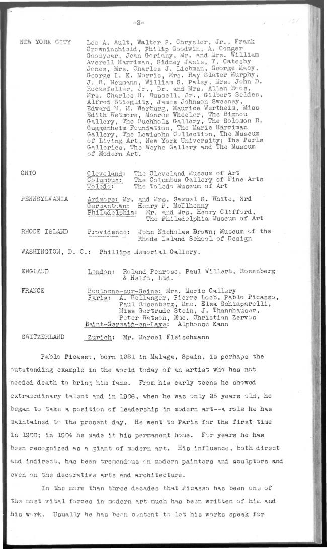 Picasso loans come to the Museum of Modern Art from every section of the United States