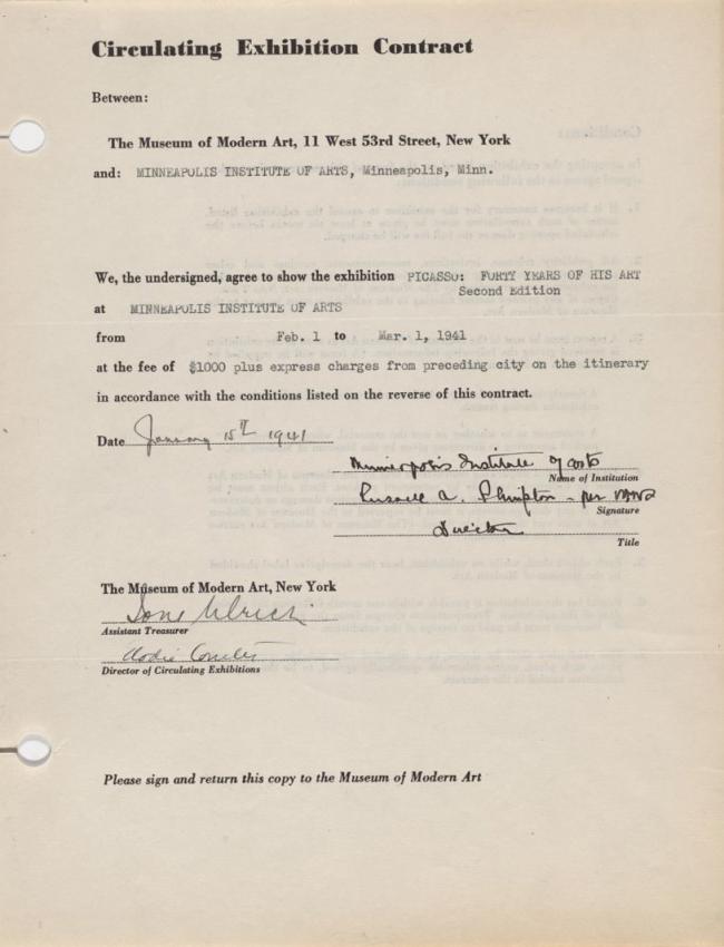 Contrato de la exposición itinerante Picasso: Forty Years of His Art entre el Museum of Modern Art y el Minneapolis Institute Of Arts