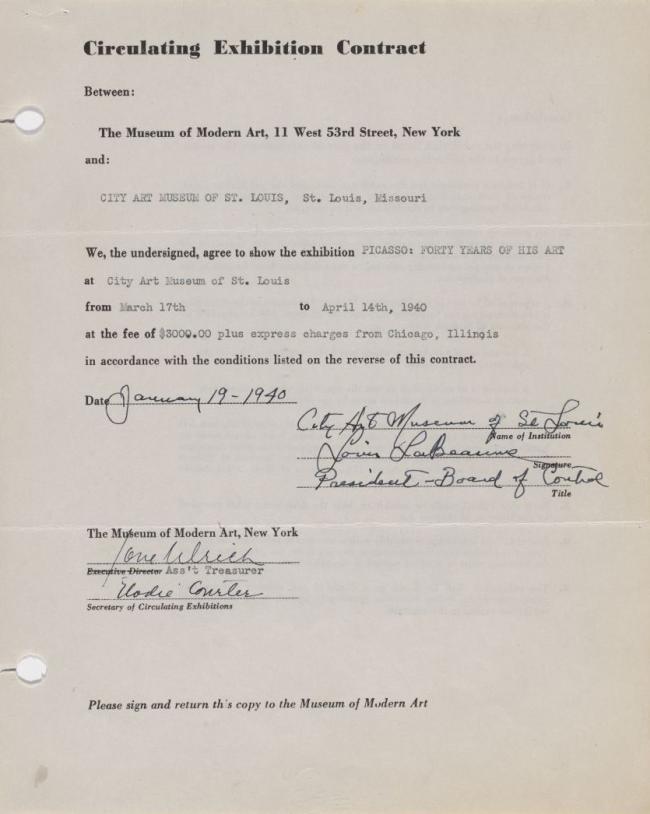 Contrato de la exposición itinerante Picasso: Forty Years of His Art entre el Museum of Modern Art y el el City Art Museum of St. Louis