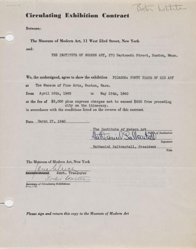 Contrato de la exposición itinerante Picasso: Forty Years of His Art entre el Museum of Modern Art y el Institute of Modern Art de Boston