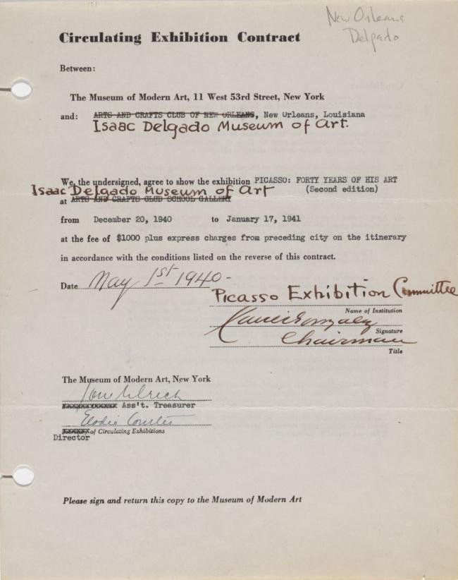 Contrato de la exposición itinerante Picasso: Forty Years of His Art (second edition) entre el Museum of Modern Art y el Isaac Delgado Museum of Art de Nueva Orleans