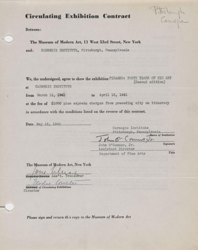 Contrato de la exposición itinerante Picasso: Forty Years of His Art (second edition) entre el Museum of Modern Art y el Carnegie Institute