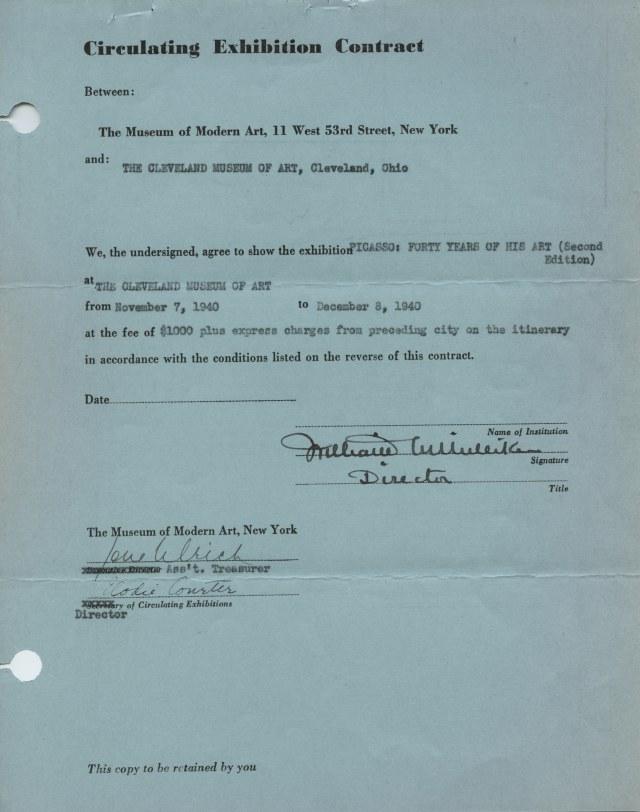 Contrato de la exposición itinerante Picasso: Forty Years of His Art entre el Museum of Modern Art (second edition) y el Cleveland Museum of Art
