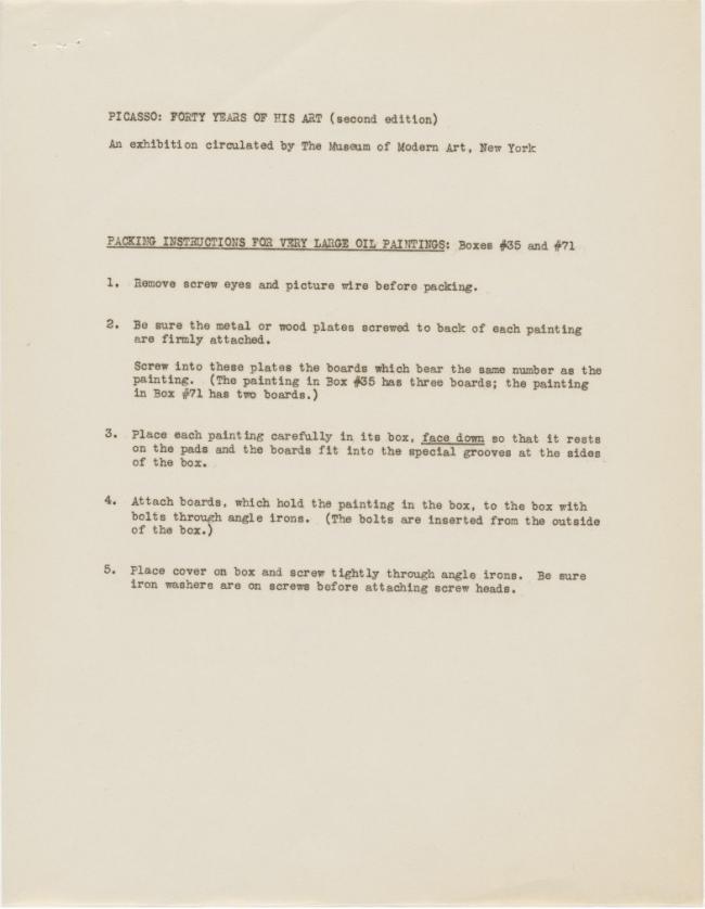 Instrucciones de embalaje de la exposición Picasso: Forty Years of His Art (second edition)