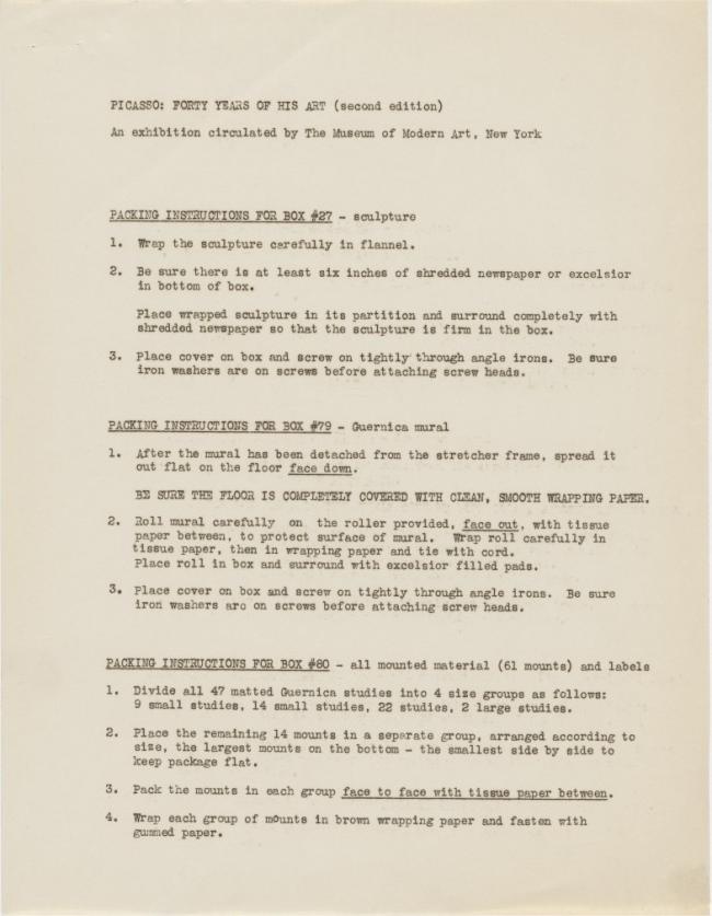 Instrucciones de embalaje de la exposición Picasso: Forty Years of His Art (second edition)