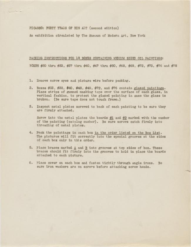Instrucciones de embalaje de la exposición Picasso: Forty Years of His Art (second edition)