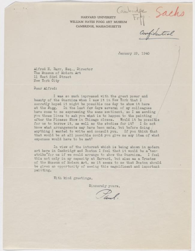 Carta de Paul Sachs a Alfred H. Barr Jr.