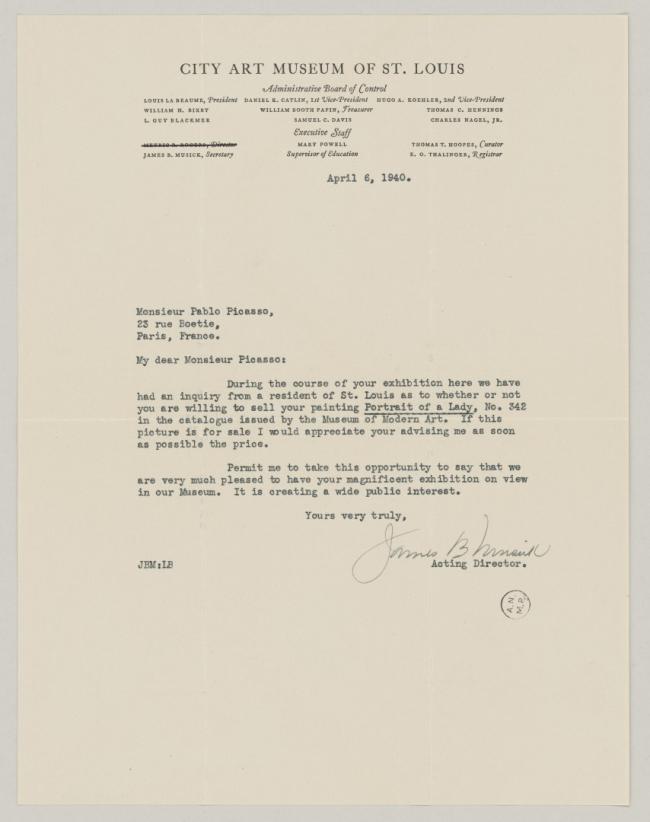 Carta de James B. Musick a Pablo Picasso del 6 de abril de 1940