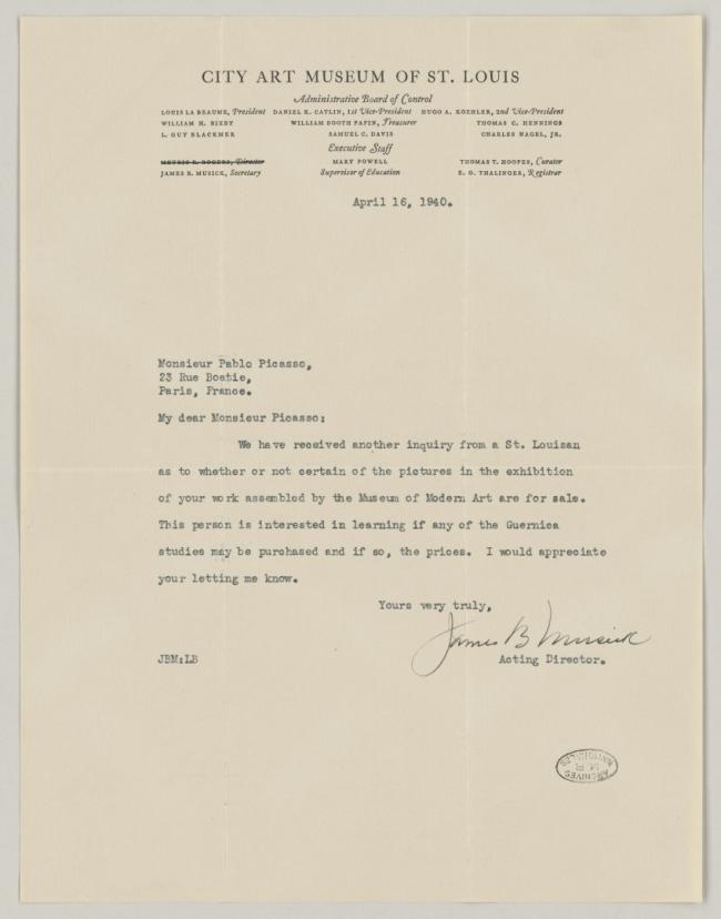 Carta de James B. Musick a Pablo Picasso del 16 de abril de 1940