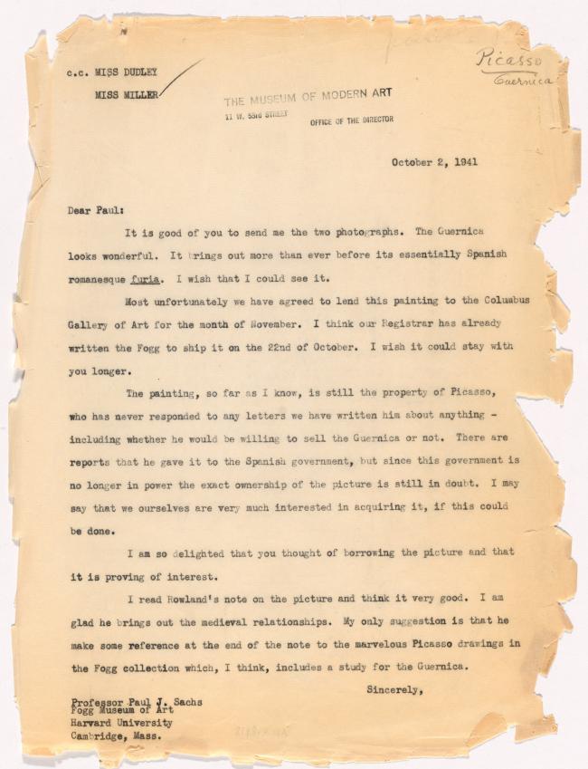Alfred H. Barr Jr.'s letter to Paul J. Sachs
