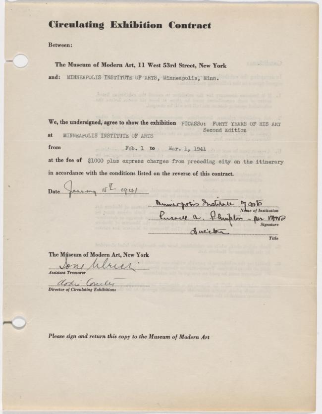 Circulating exhibition catalogue for Picasso: Forty Years of His Art (second edition), between the Museum of Modern Art, New York, and the Minneapolis Institute of Arts