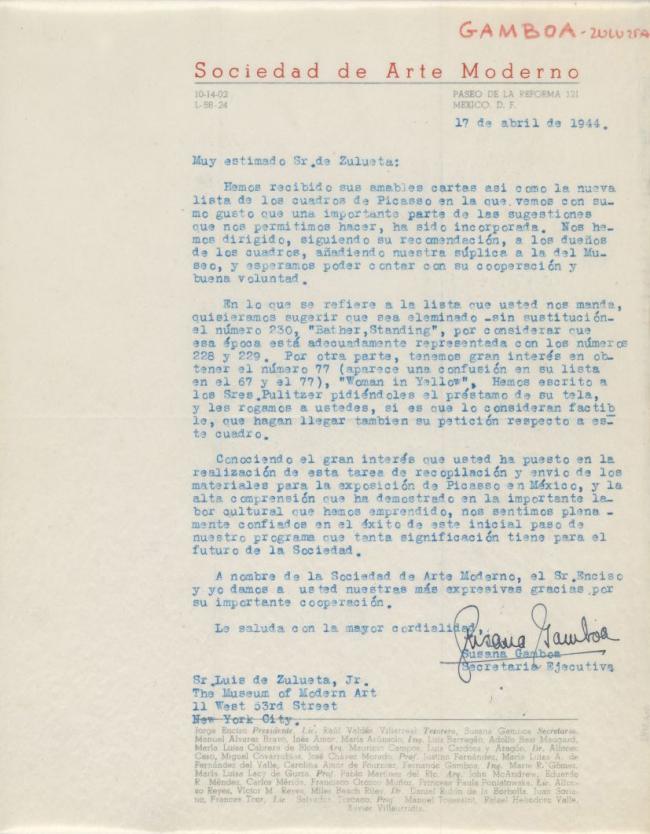 Carta de Susana Gamboa a Luis de Zulueta