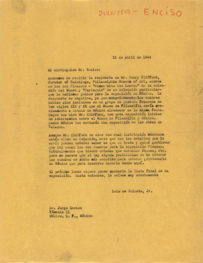 Carta de Luis de Zulueta a Jorge Enciso