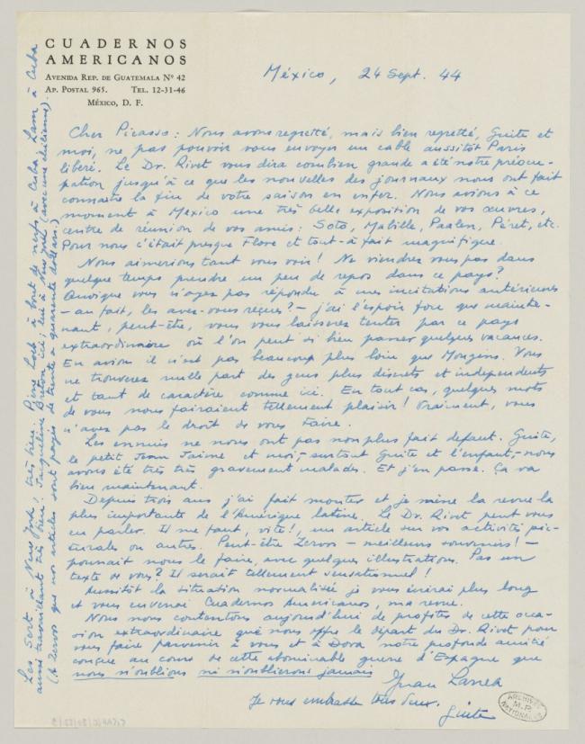 Carta de Juan Larrea a Pablo Picasso del 24 de septiembre de 1944