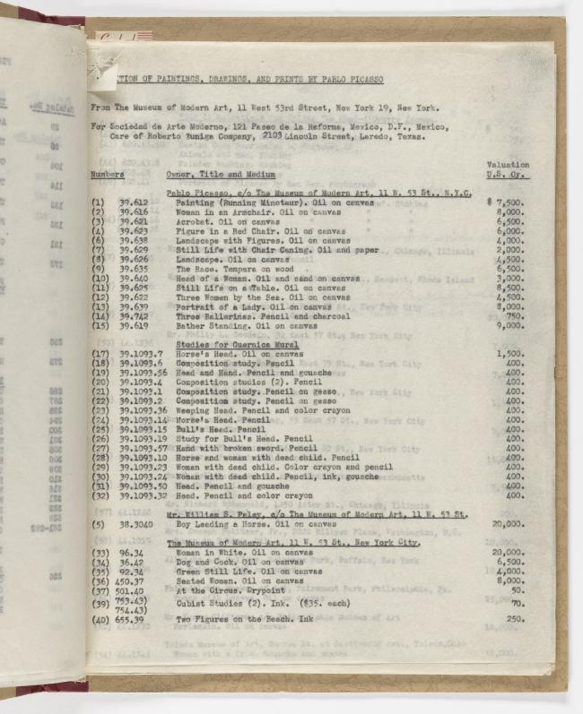 Dossier de la exposición de la Sociedad de Arte Moderno de México con la relación de obras, costes, prestadores, etc. 