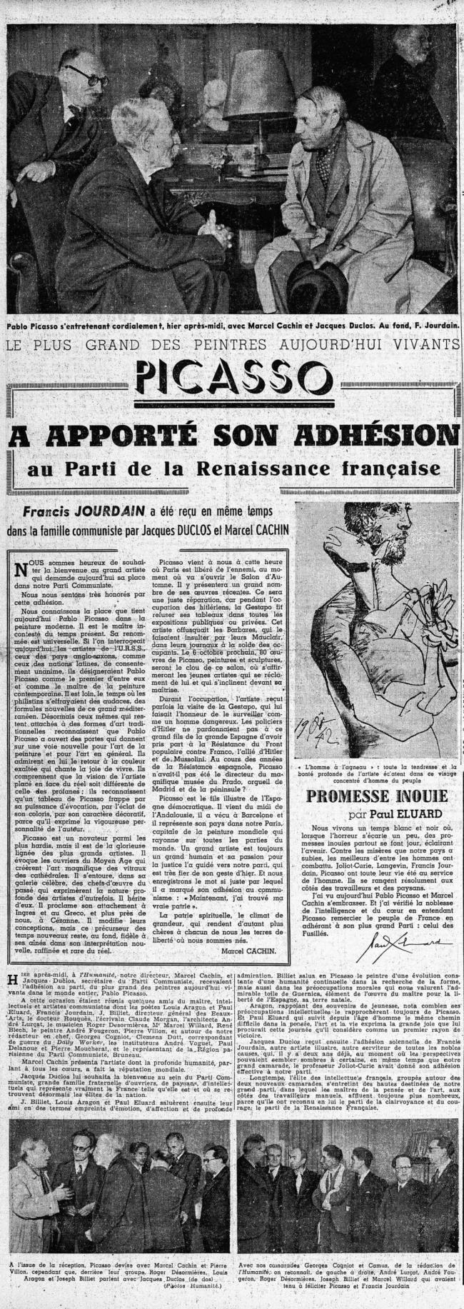 Picasso manifiesta su adhesión al Partido del Renacimiento francés