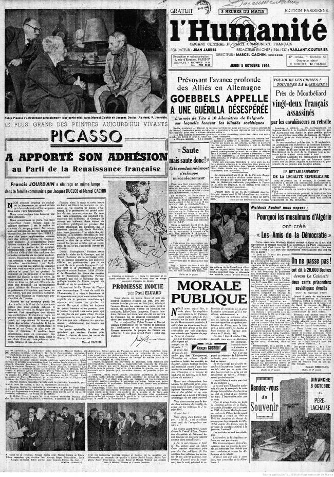 Picasso manifiesta su adhesión al Partido del Renacimiento francés