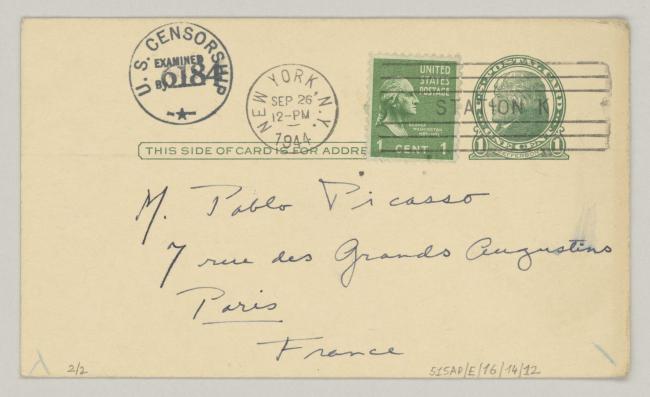 Tarjeta postal de Alfred H. Barr Jr. a Pablo Picasso