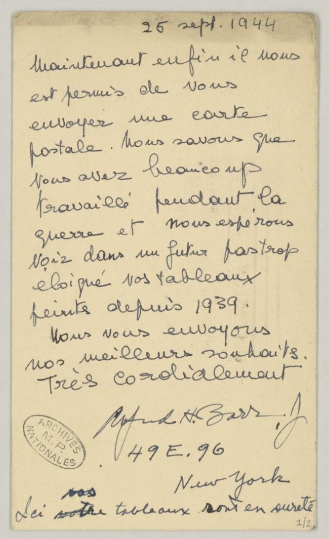 Tarjeta postal de Alfred H. Barr Jr. a Pablo Picasso