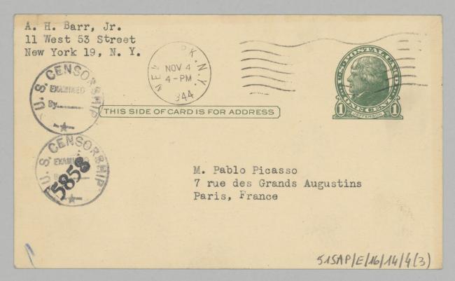 Tarjetas postales de Alfred H. Barr Jr. a Pablo Picasso