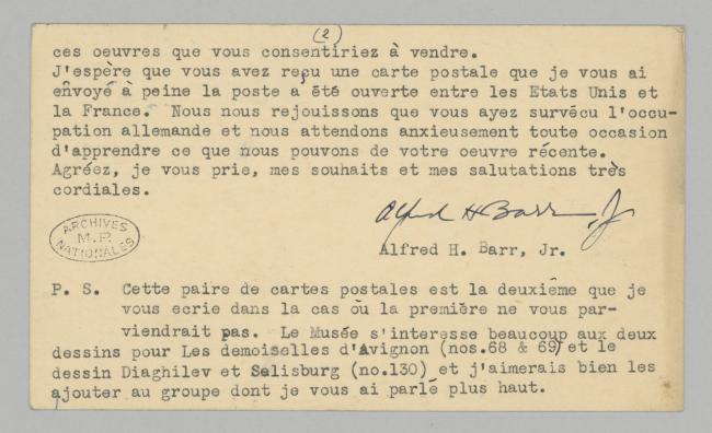 Tarjetas postales de Alfred H. Barr Jr. a Pablo Picasso