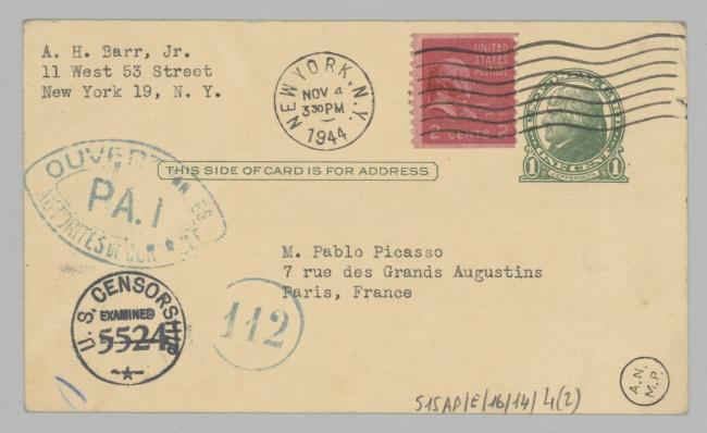 Tarjetas postales de Alfred H. Barr Jr. a Pablo Picasso