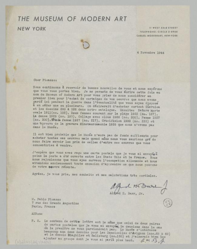 Carta de Alfred H. Barr Jr. a Pablo Picasso del 4 de noviembre de 1944