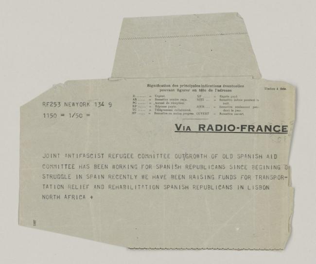 Radiograma de Edward K. Barsky a Pablo Picasso