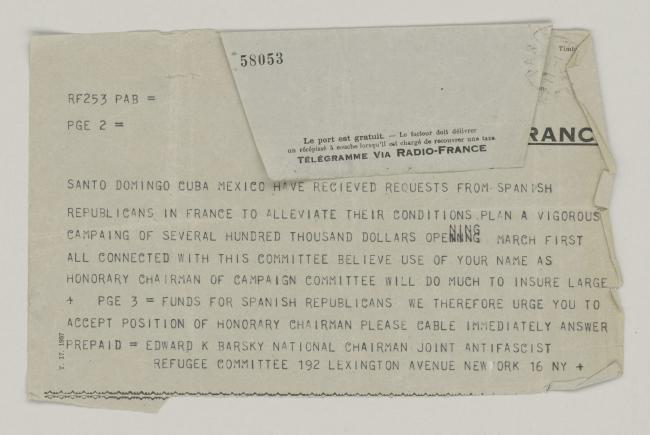 Telegrama de Edward K. Barsky a Pablo Picasso