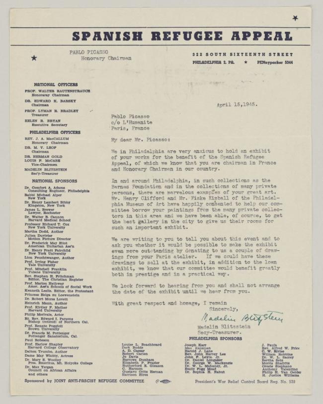 Carta de la Madelin Blitzstein a Pablo Picasso