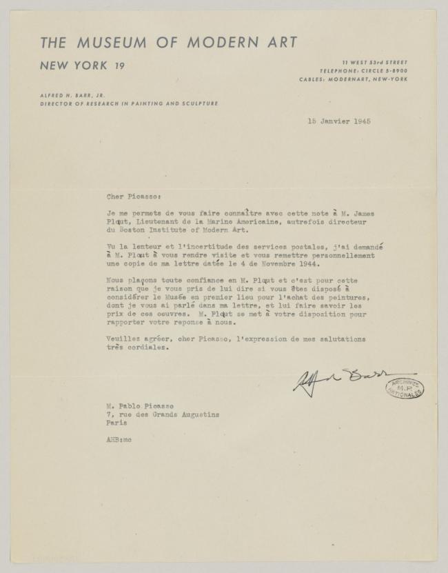 Carta de Alfred H. Barr Jr. a Pablo Picasso del 15 de enero de 1945