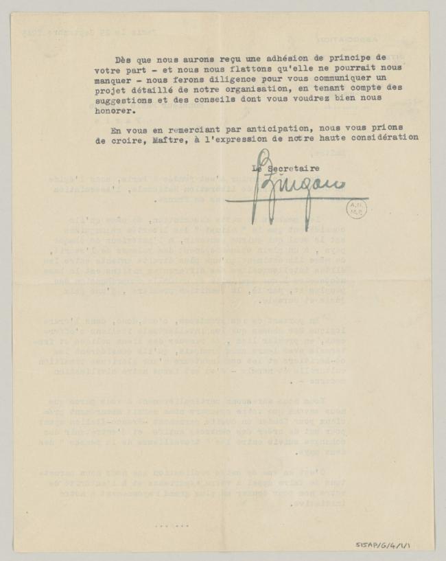 Carta del secretario de la Association des Intellectuels italiens en France a Pablo Picasso