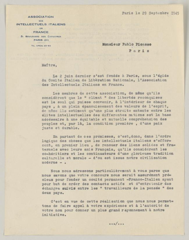 Carta del secretario de la Association des Intellectuels italiens en France a Pablo Picasso