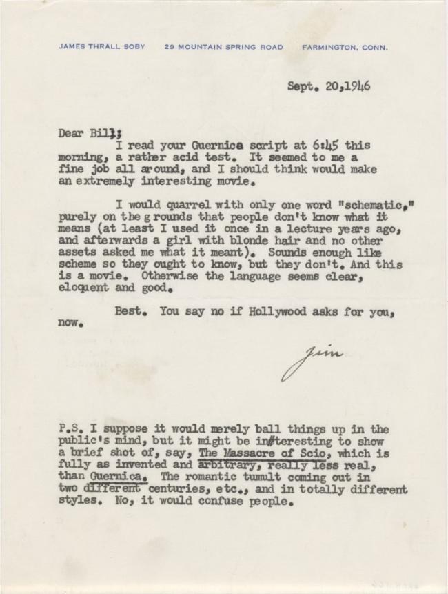 Carta de James Thrall Soby a William S. Lieberman