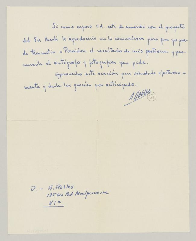 Carta de A. Robles a Pablo Picasso