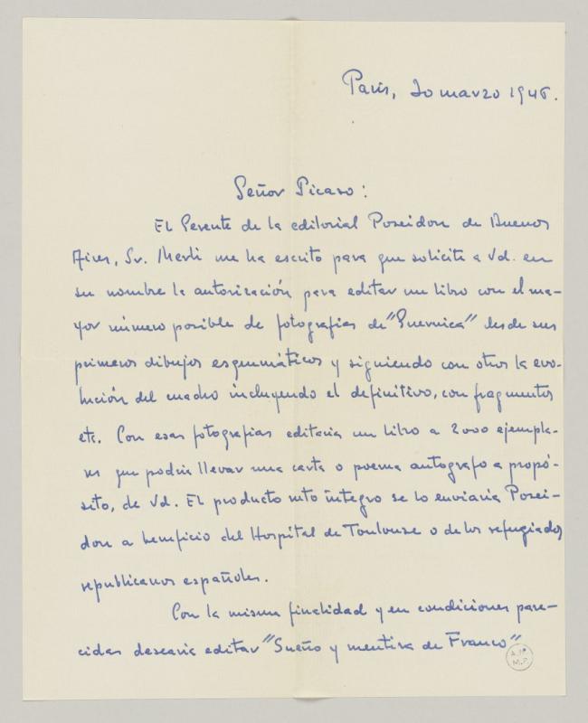 Carta de A. Robles a Pablo Picasso