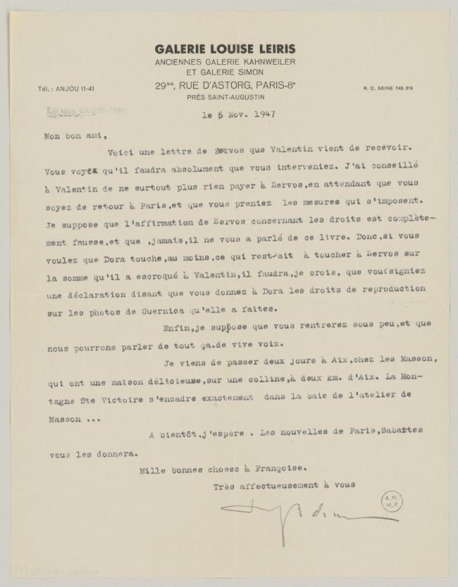 Carta de Daniel-Henry Kahnweiler a Pablo Picasso del 5 de noviembre de 1947